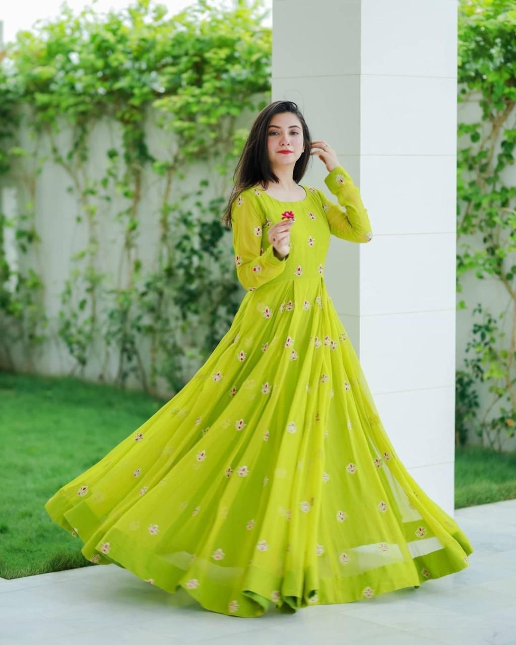 Lemon Yellow Printed, Zari, Sequins and Mirror work Straight Cut Salwa –  Seasons Chennai