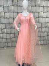 Load image into Gallery viewer, Exceptional Peach Color Wedding Wear Georgette Chine Stitched Ready Made Dupatta Gown
