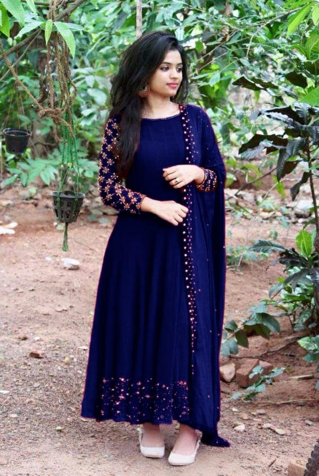 Groovy Navy Blue Color Ready Made Georgette Moti Work Gown