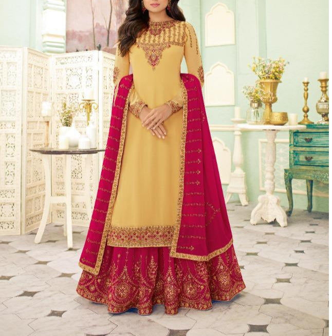 Party Wear Yellow Color Classic Georgette Embroidered Work Designer Indo Western Suit For Women