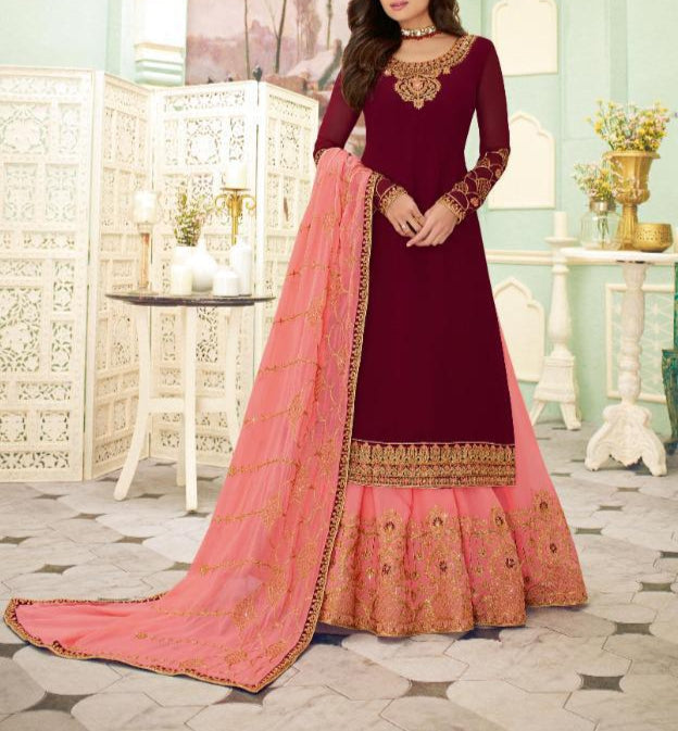 Adorable Maroon Color Festive Wear Georgette Embroidered Fancy Work Indo Western Salwar Suit Design