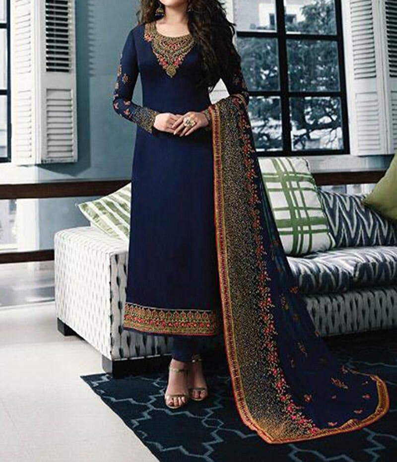 Adorable Navy Blue Color Fancy Embroidered Work Georgette Festive Wear Salwar Suit