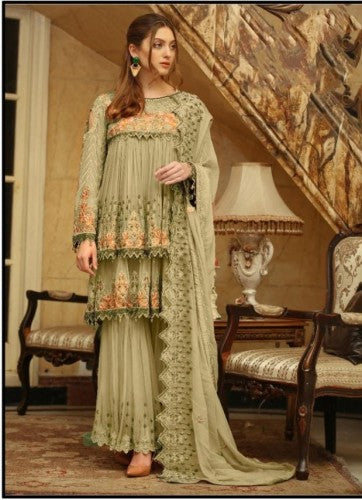 Dismaying Mehendi Green Color Classic Faux Georgette Design Embroidered Work Salwar Suit For Function Wear