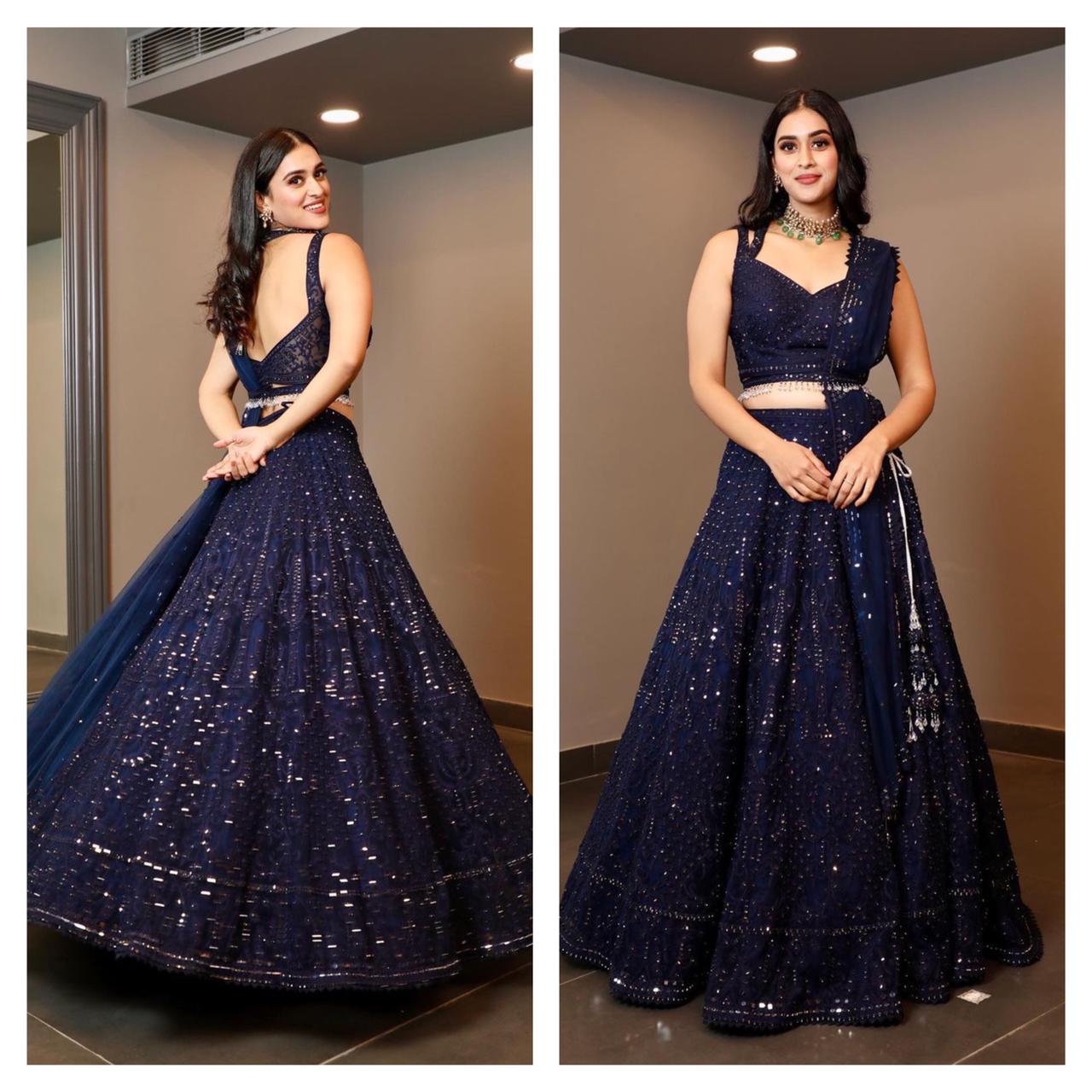 Navy Blue Color Embroidered Sequence Work Wedding Wear Georgette Lehenga Choli