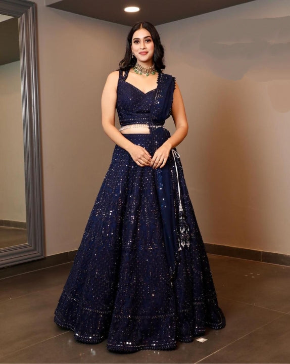 Navy Blue Color Embroidered Sequence Work Wedding Wear Georgette Lehenga Choli