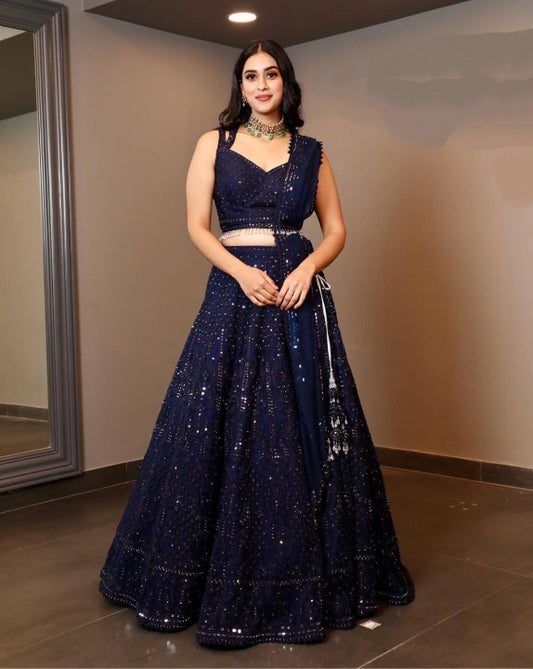 Navy Blue Color Embroidered Sequence Work Wedding Wear Georgette Lehenga Choli
