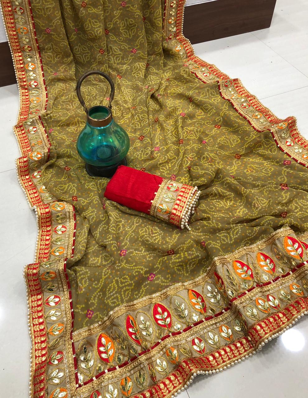 Ravishing Mehendi Green Color Designer Bandhani Printed Fancy Foil Mill Work Georgette Soft Saree Blouse For Festive Wear