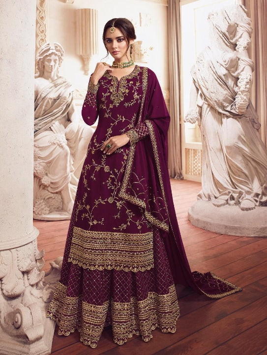 Fabulous Wine Color Wedding Wear Designer Georgette Embroidered Sequence Work Sharara Salwar Suit