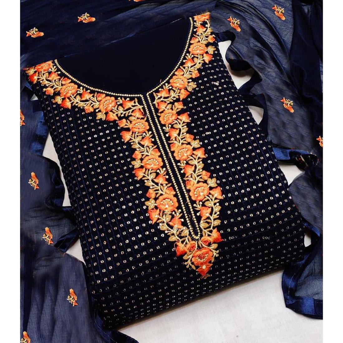 Surpassing Navy Blue Color Fancy Moti Sequence Multi Work Soft Georgette Festive Wear Salwar Suit