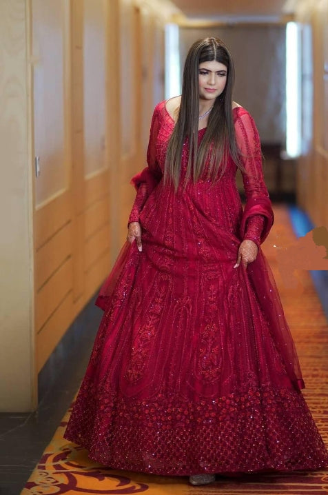 Elegant Rani Pink Color Wedding Wear Designer Georgette Sequence Embroidered Diamond Work Salwar Suit For Women