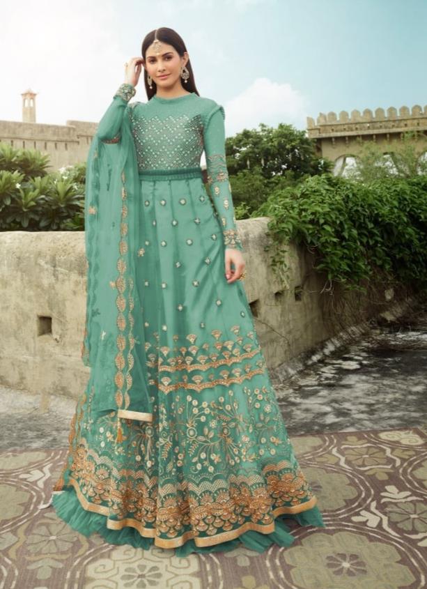 Flattering Sea Green Color Designer Net Embroidered Work Salwar Suit