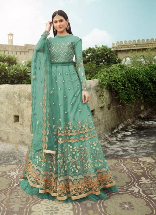 Flattering Sea Green Color Designer Net Embroidered Work Salwar Suit