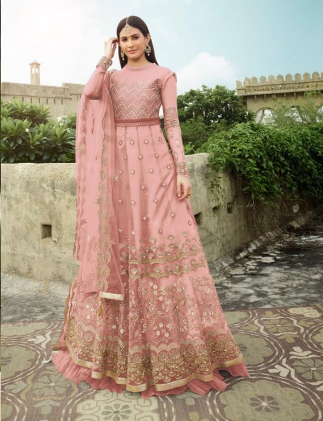Amazing Pink Color Net Stitched Embroidered Work Salwar Suit