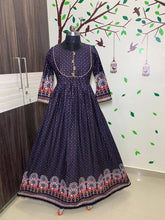 Load image into Gallery viewer, Attractive Blue Color Rayon Golden Printed Full Stitched Occasion Wear Gown
