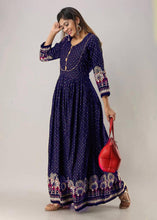 Load image into Gallery viewer, Attractive Blue Color Rayon Golden Printed Full Stitched Occasion Wear Gown
