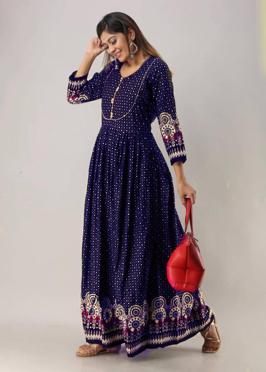 Attractive Blue Color Rayon Golden Printed Full Stitched Occasion Wear Gown
