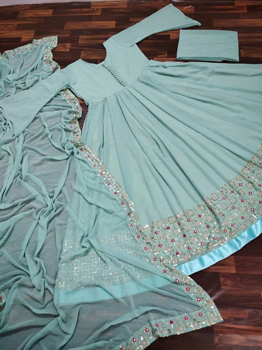 Appealing Light Blue Color Party Wear Georgette Embroidered Work Salwar Suit