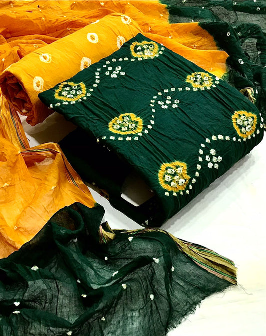 Entrancing Green Color Cotton Bandhani Printed Salwar Suit