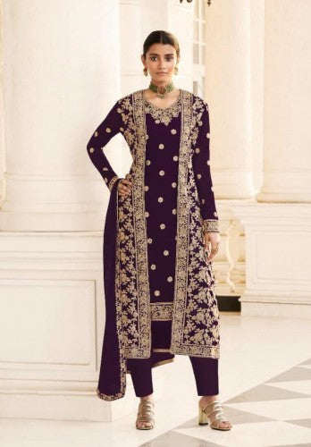 Eye-catching Wine Color Party Wear Georgette Embroidered Work Salwar Suit