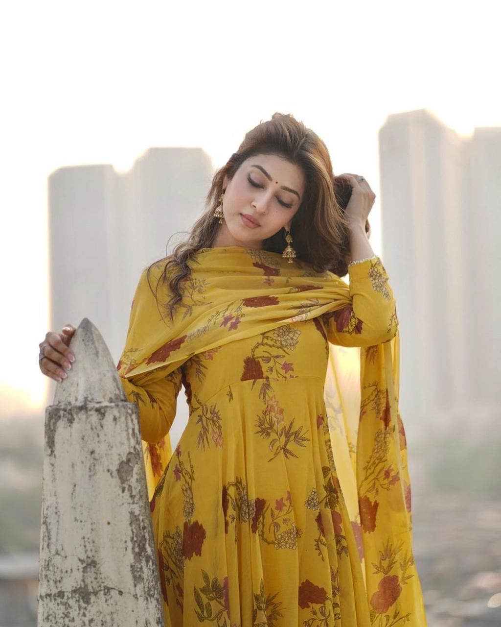 Shattering Mustard Color Georgette Digital Printed Casual Wear Salwar Suit