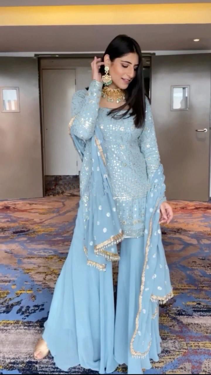 Good-looking Blue Color Georgette Sequence Work Salwar Suit For Function Wear