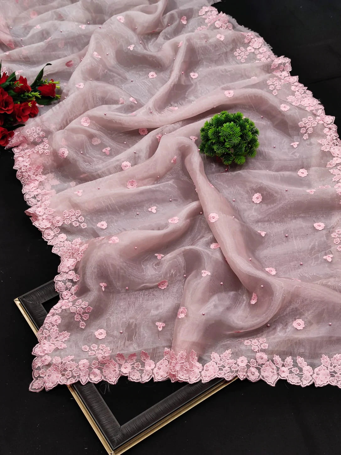Stylish Baby Pink Color Organza Embroidered Pearl Work Saree