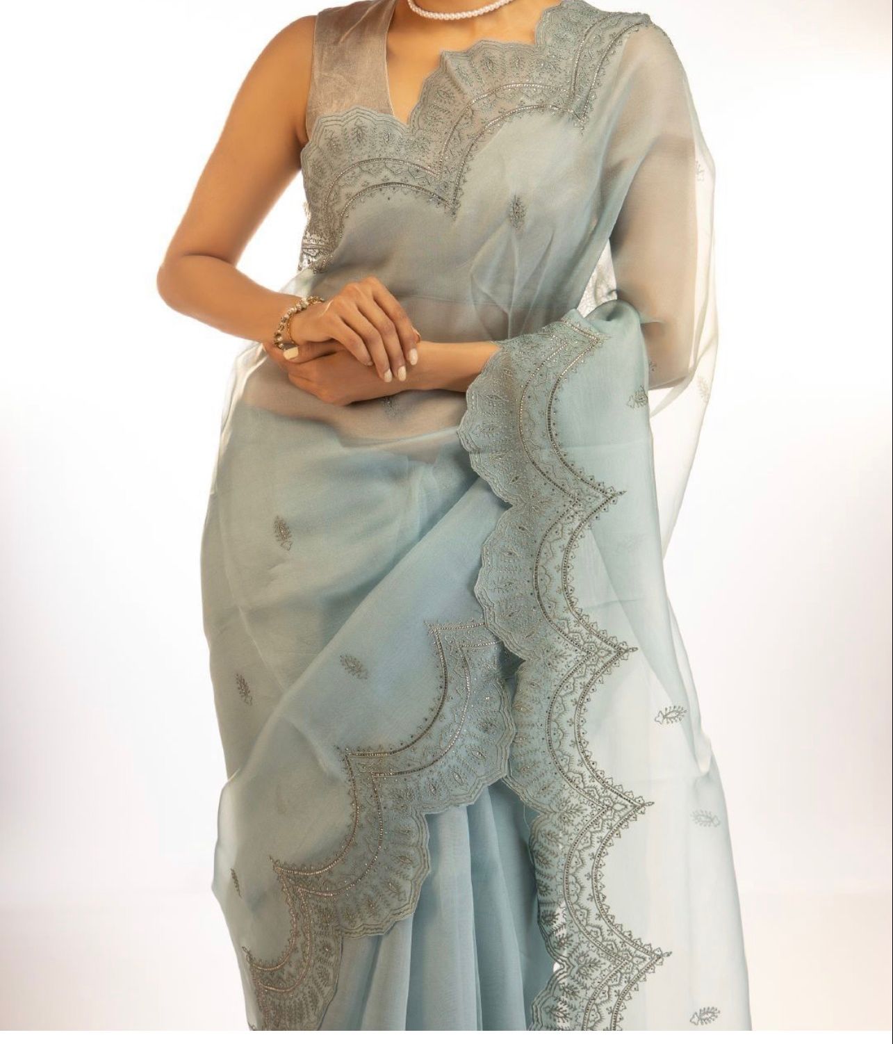 Opulent Grey Color Organza Sequence Multi Work Saree Blouse For Function Wear