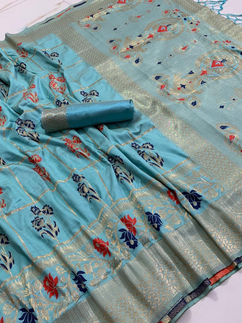 Thrilling Sky Blue Color Indian Wear Art Silk Rich Pallu Zari Weaving Design Printed Flower Checks Saree Blouse For Ladies