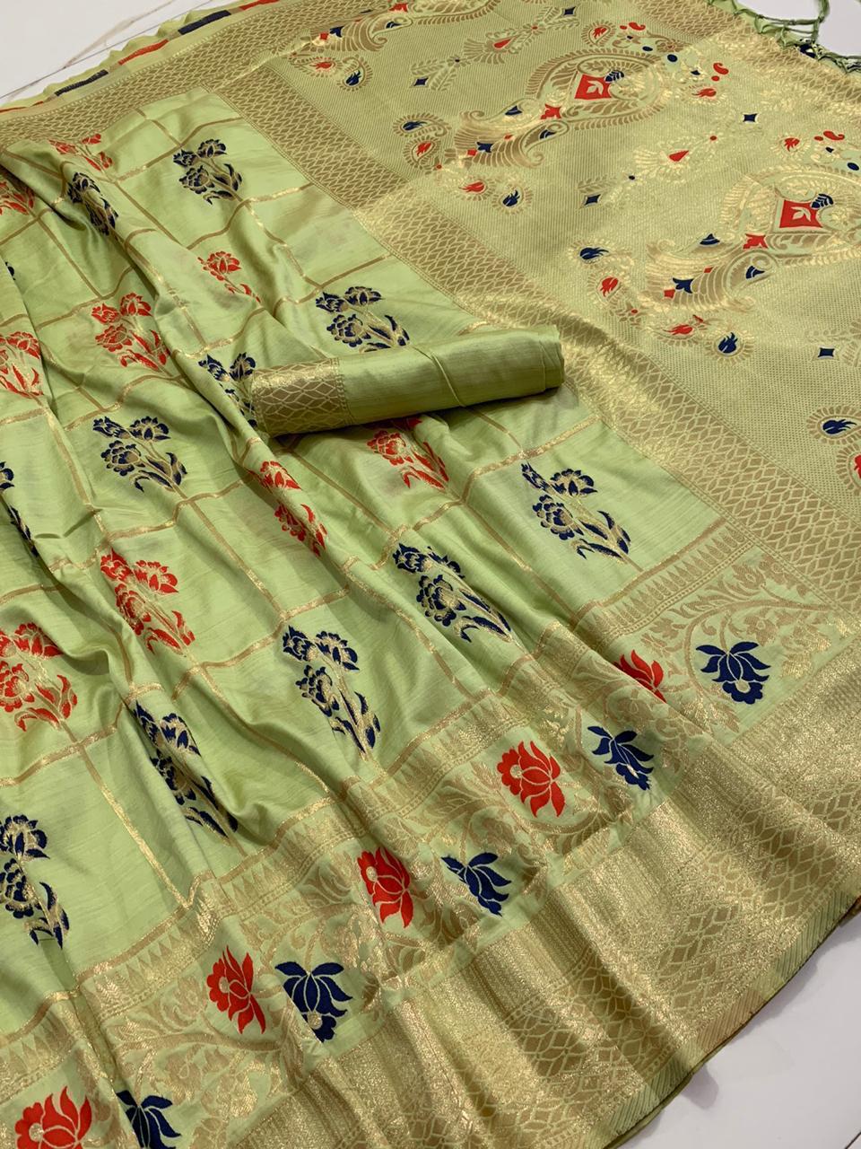 Dashing Pista Green Color Flower Printed Checks Fancy Zari Weaving Design Art Silk Grand Pallu Saree Blouse