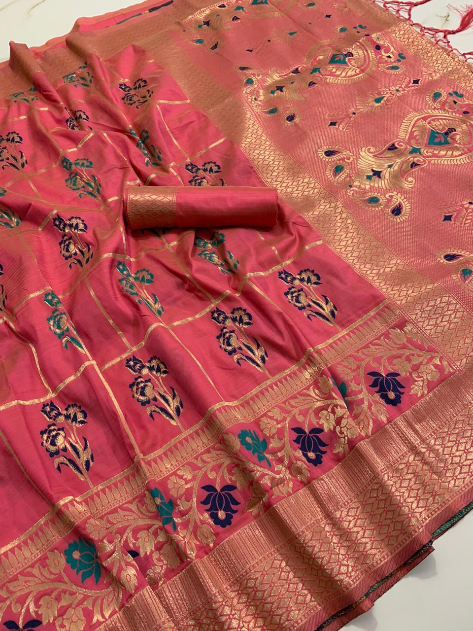 Beautiful Pink Color Stylish Zari Weaving Art Silk Flower Printed Checks Saree Blouse For Function Wear