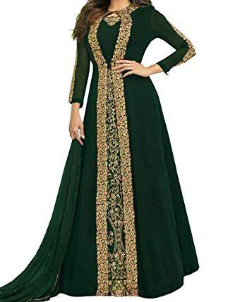 Engrossing Green Color Faux Georgette Designer Embroidered Fancy Work Jacket Style Salwar Suit For Function Wear