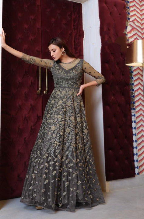 Buy Party Wear Grey Embroidery Work Heavy Butterfly Net Gown With Dupatta  Online From Surat Wholesale Shop.