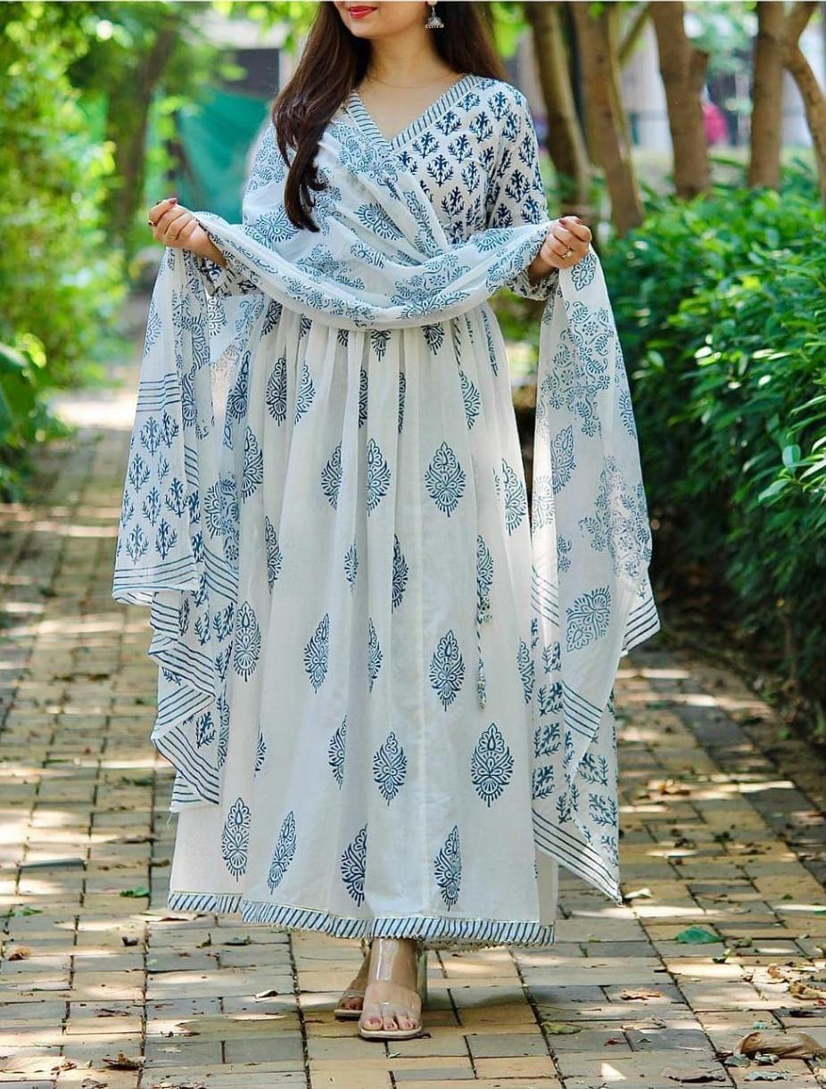Smashing Blue Color Party Wear Full Stitched Rayon Printed Gown Dupatta