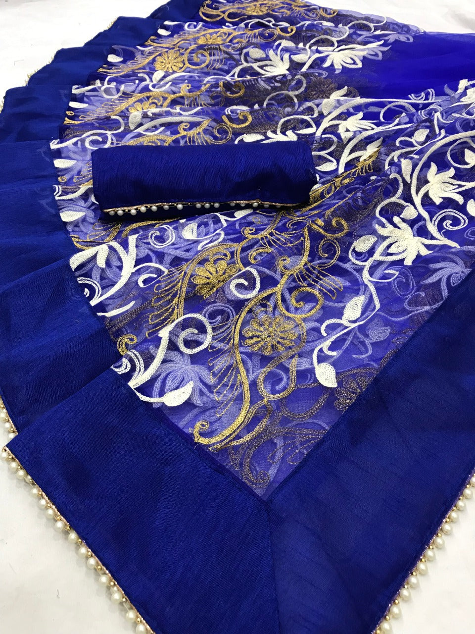 Party Wear Soft Net Thread Embroidered Work Saree Blouse For Ladies