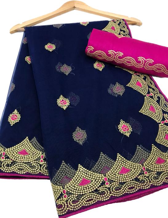 Blue Color Heavy Net  Saree Blouse with Broad Embroidered Work Border,