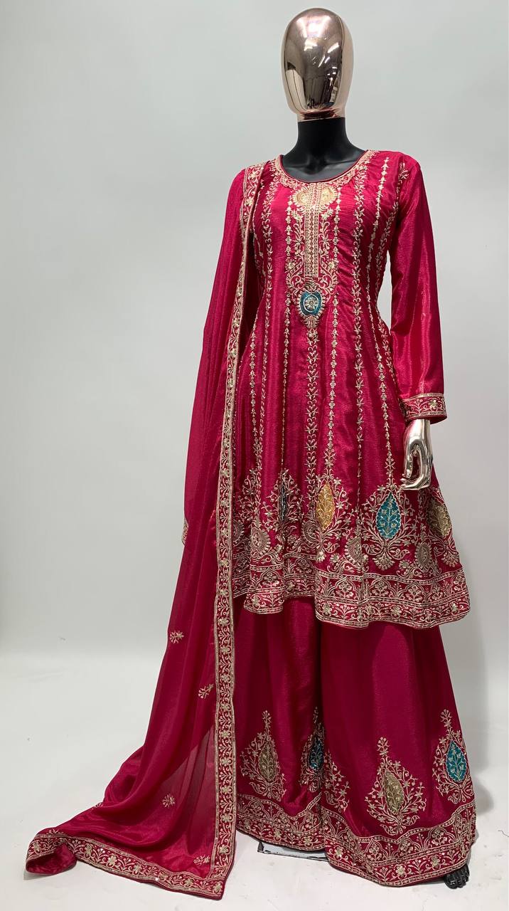 Party Wear Chinon Silk Embroidered Showroom Quality Suit