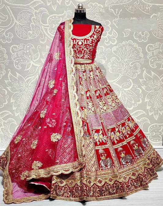 Capricious Red Color Wedding Wear Zari Thread Fancy Embroidered Diamond Hand Work Velvet Design Lehenga Choli