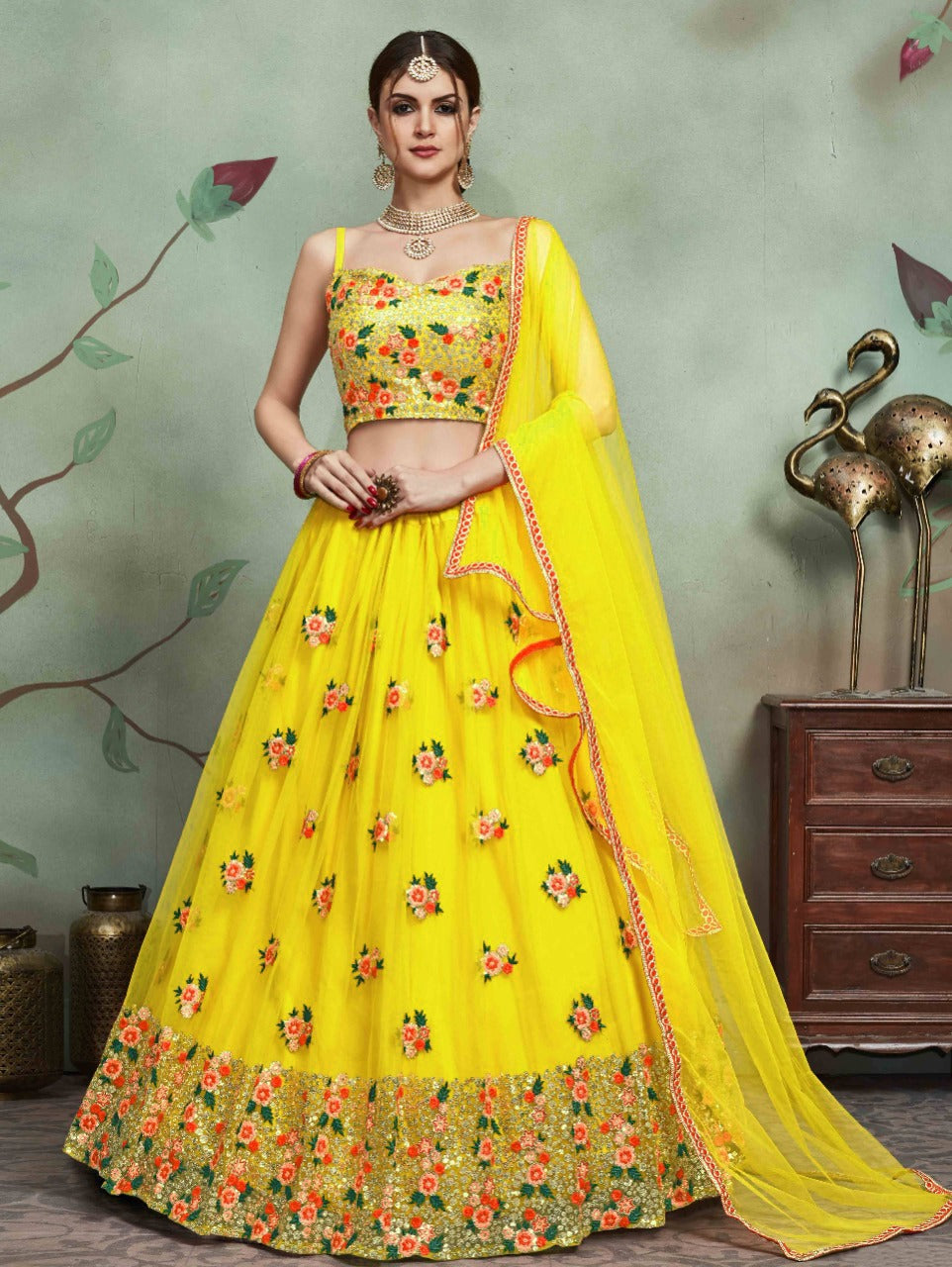 Party Wear Yellow Soft Net Glitter Dori Work Semi Stitched Lehenga Choli For Women