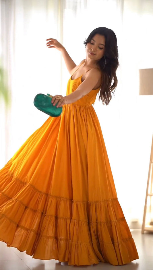Haldi Wear Chinon Silk Ready To Wear Gown For Girls Wear