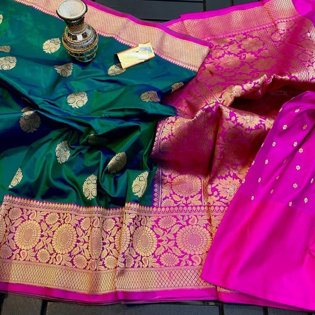 Wedding Wear Kanjivaram Silk Saree with Rich Pallu Contrast Blouse For Women