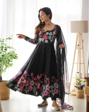Load image into Gallery viewer, Black Pure Organza Silk Printed Full Stitched Anarkali Frock Set
