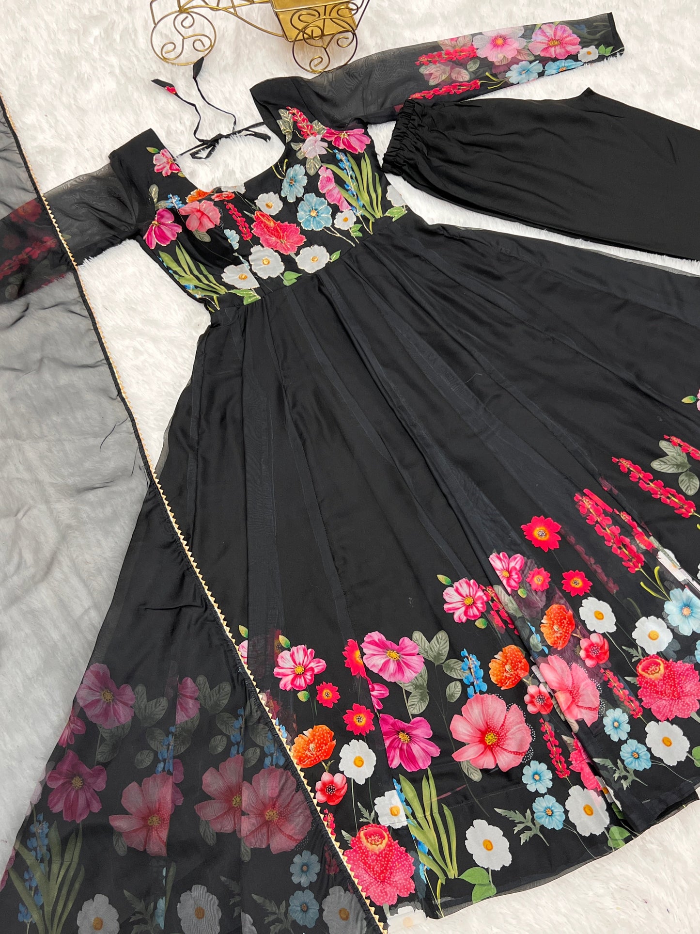 Black Pure Organza Silk Printed Full Stitched Anarkali Frock Set