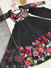 Load image into Gallery viewer, Black Pure Organza Silk Printed Full Stitched Anarkali Frock Set

