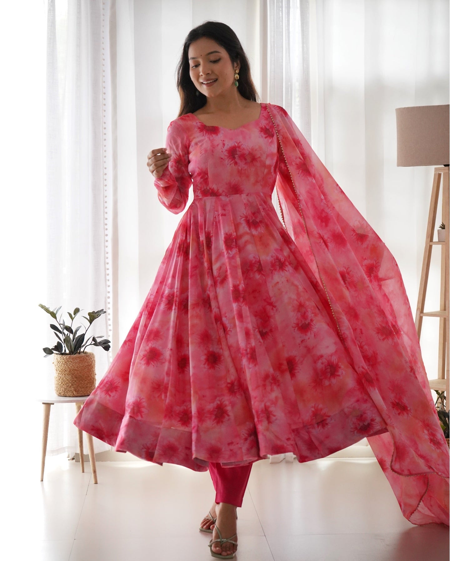 Pink Organza Silk Floral Printed Gown