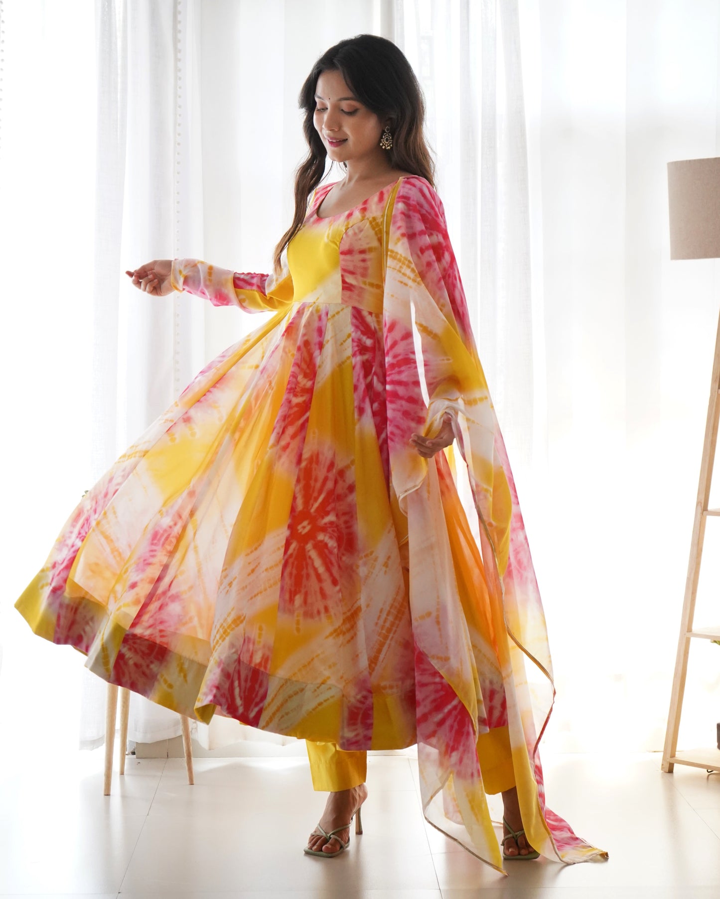 Yellow Color Pure Organza Silk Printed Full Stitched Anarkali Frock Set