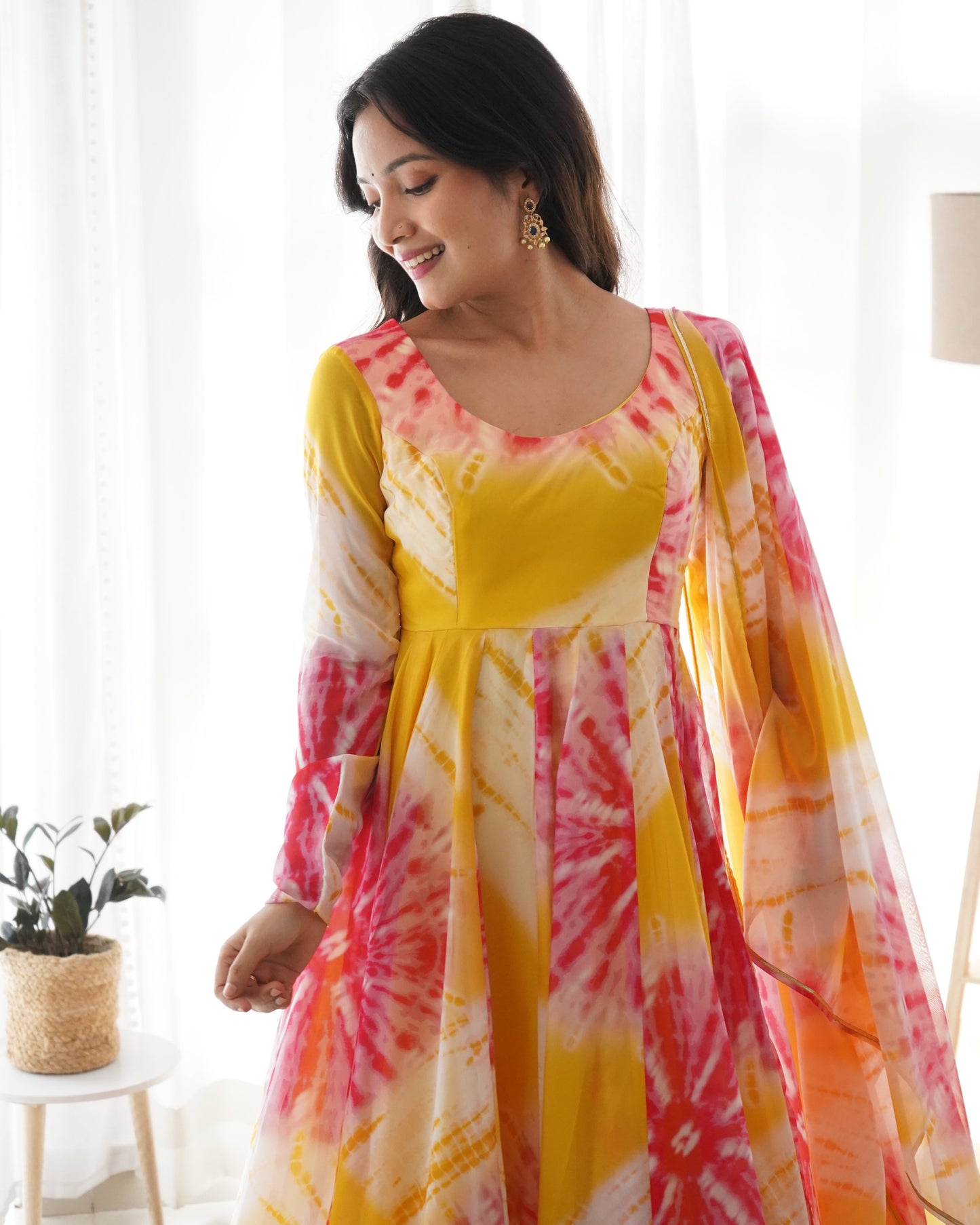 Yellow Color Pure Organza Silk Printed Full Stitched Anarkali Frock Set
