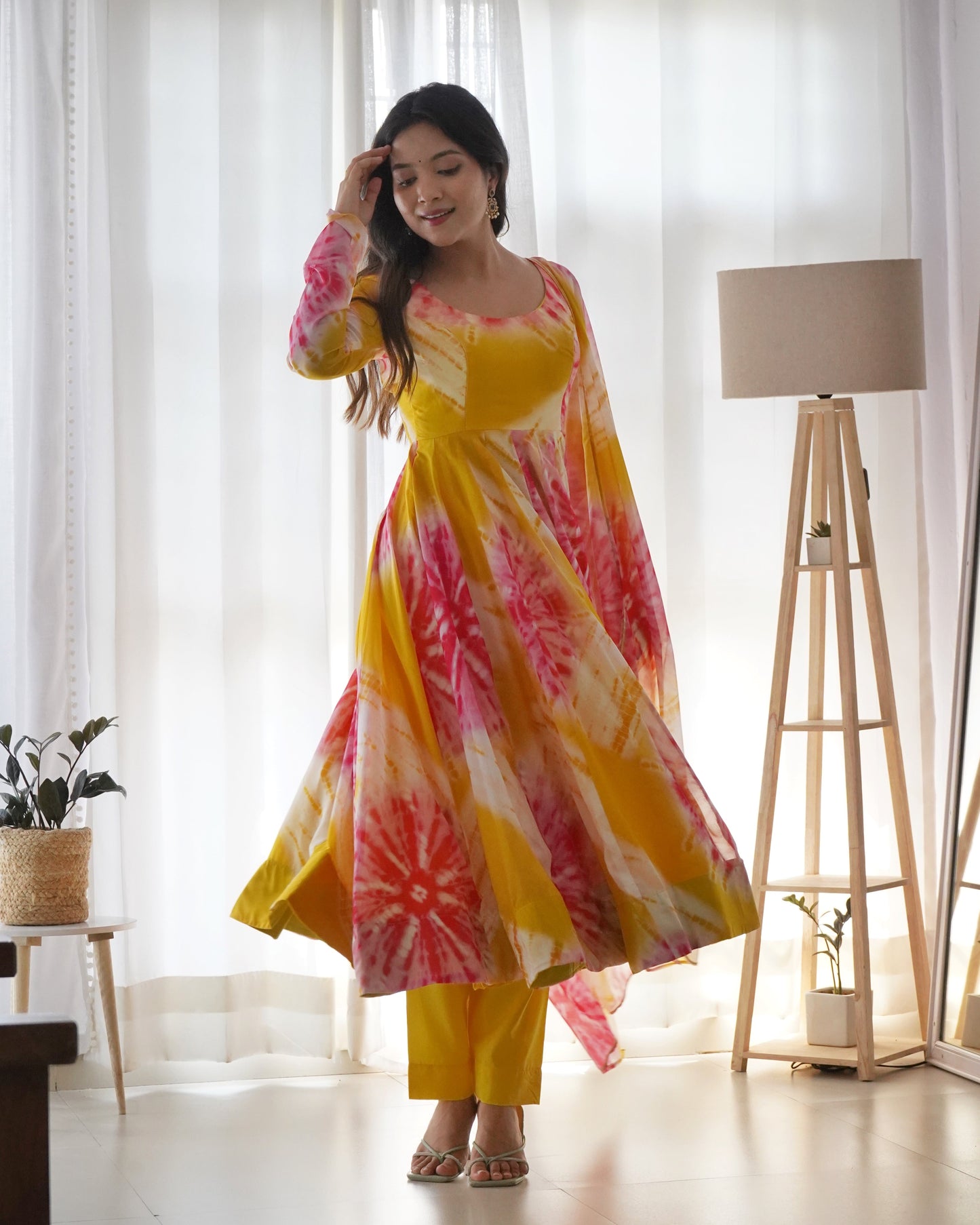 Yellow Color Pure Organza Silk Printed Full Stitched Anarkali Frock Set