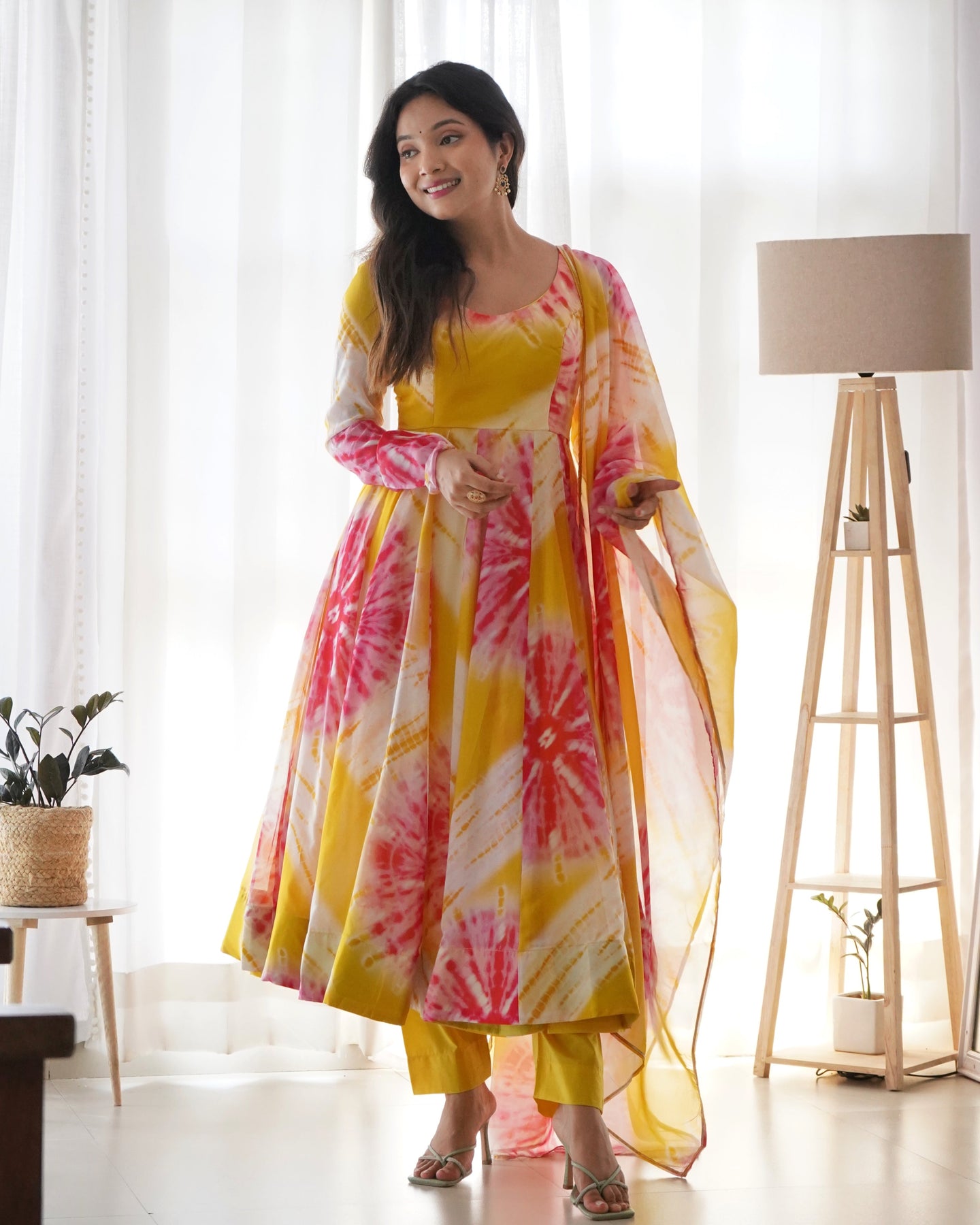 Yellow Color Pure Organza Silk Printed Full Stitched Anarkali Frock Set