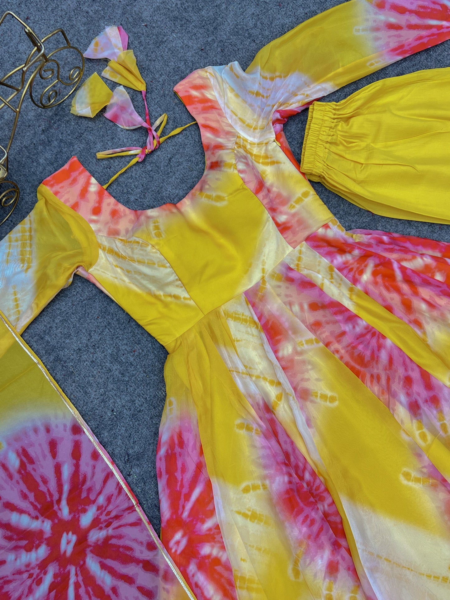 Yellow Color Pure Organza Silk Printed Full Stitched Anarkali Frock Set