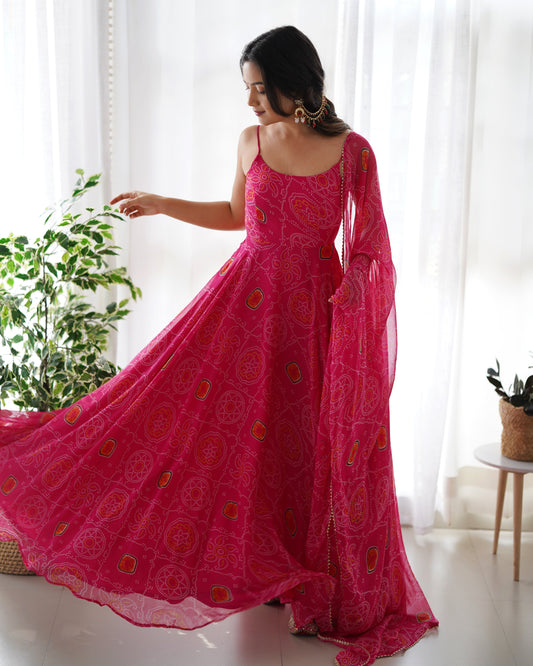Party Wear Chiffon Printed Ready to Wear Anarkali Gown For Girls